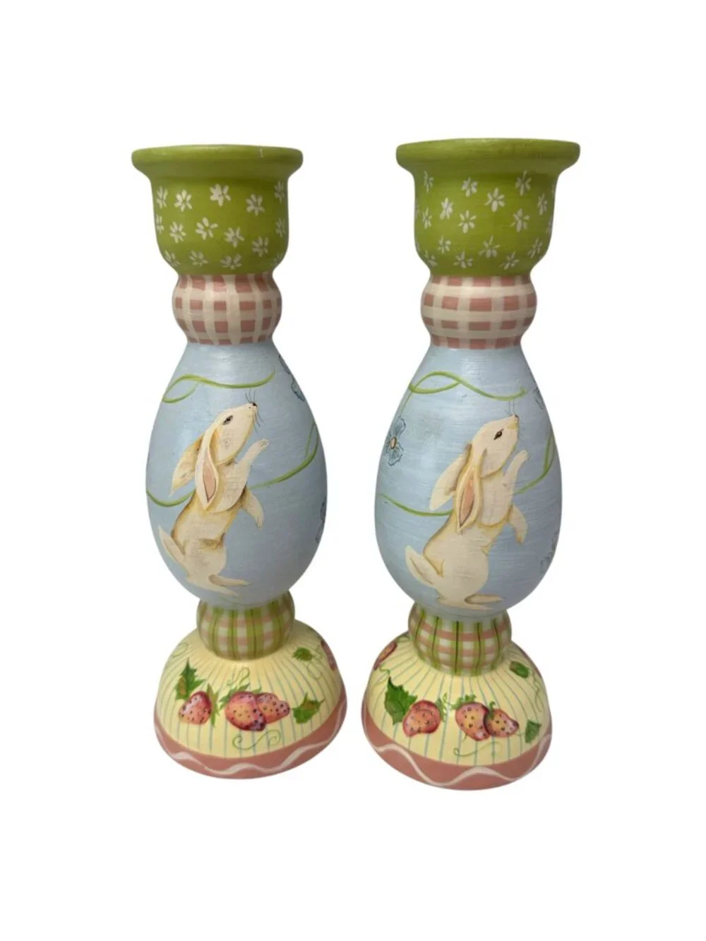 Tracy Porter Bunny Candlesticks Pair Hand Painted Wood Easter Cottage Decor 9.75
